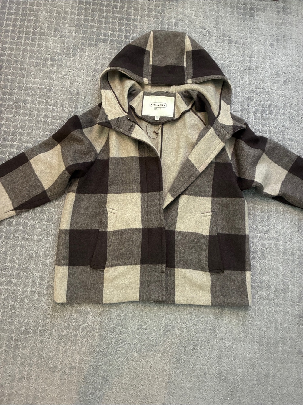 Coach Hooded Plaid Wool-Blend Pea Coat in Brown & Gray